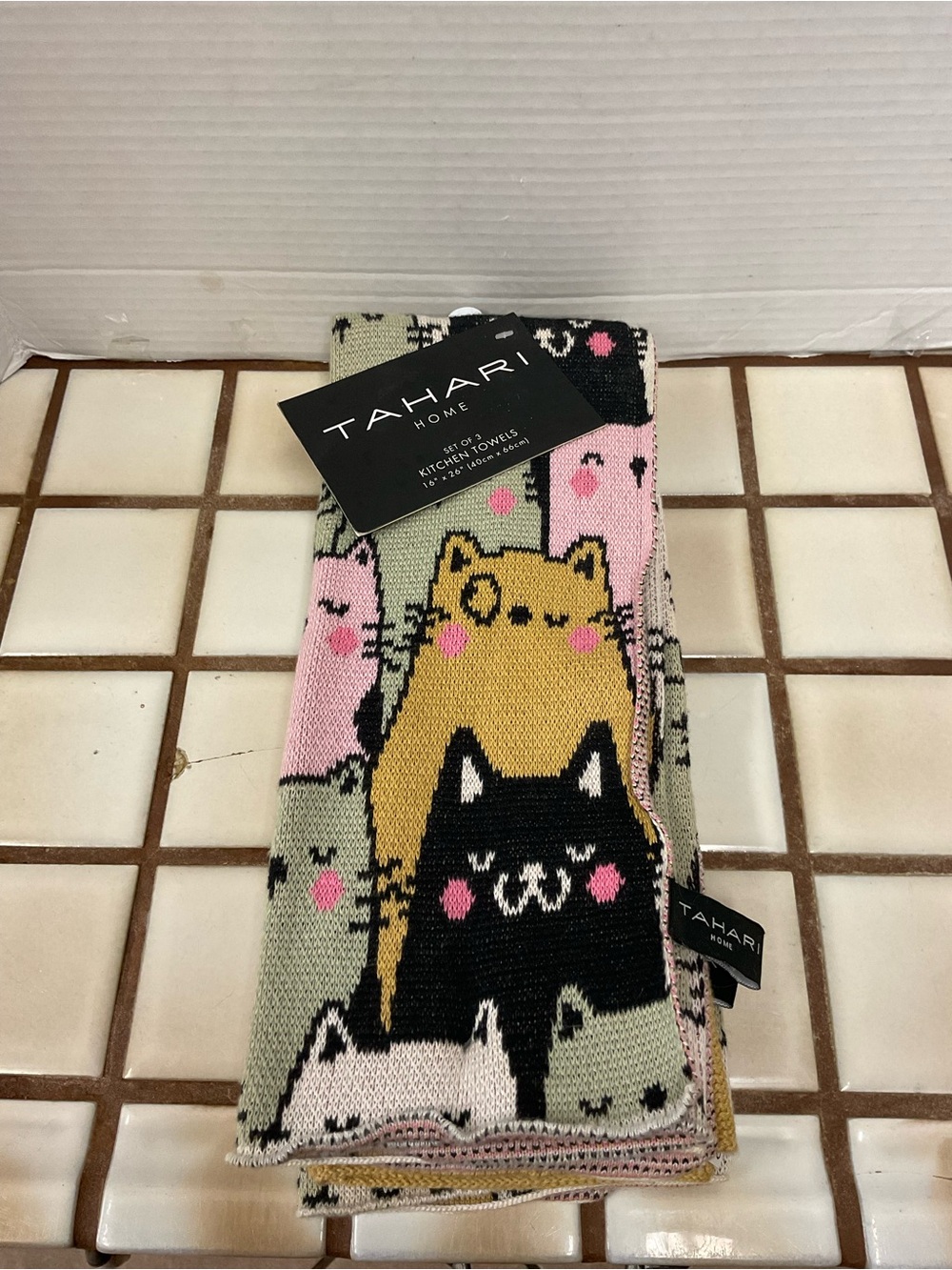 Tahari Cat Stack Kitchen Towels - Pink, Yellow, Black, Cream